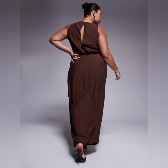 ASOS Curve High Neck Draped Wrap Maxi Dress NWT Dark Chocolate Size 14 - Picture 4 of 6